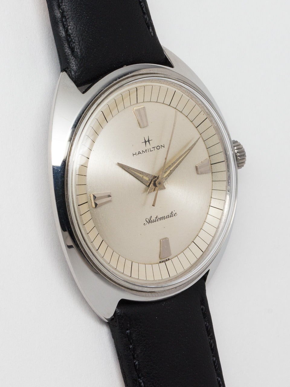 Hamilton Stainless Steel Automatic Wristwatch circa 1960's. Featuring 36 x 38mm case with silvered futuristic case and dial design, tapered dauphine hands. Swiss made automatic movement with sweep seconds. Very cool simplistic 60s design. Offered on
