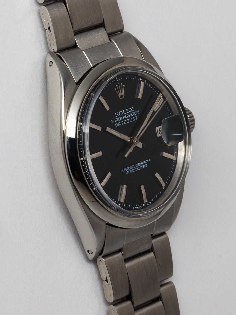 Rolex Stainless Steel Datejust Wristwatch ref 1600 serial # 2.8 million circa 1971. 36mm diameter Oyster case with smooth bezel and acrylic crystal. Original black dial with applied silver indexes and silver baton hands. Powered by self winding