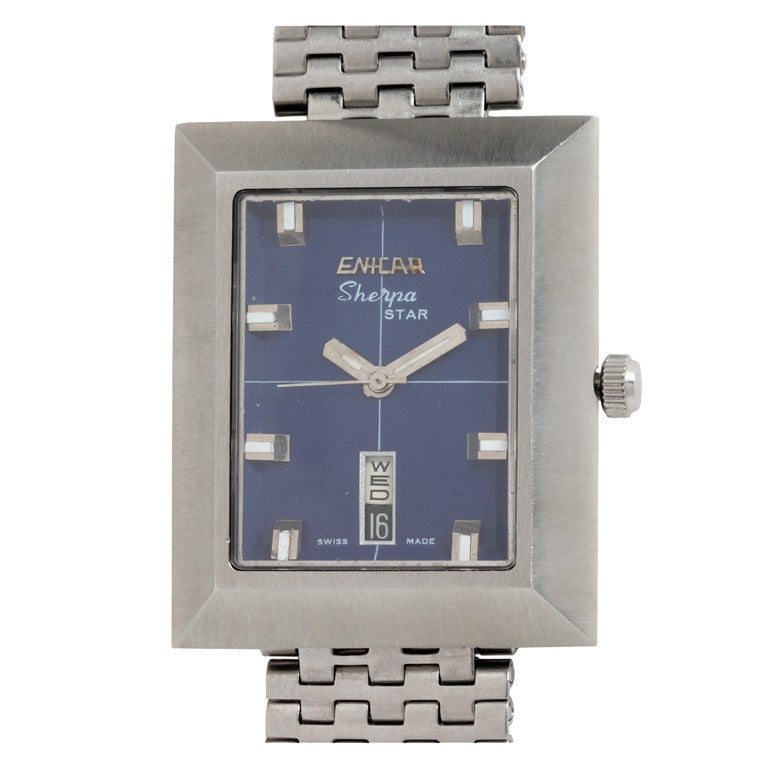 Enicar Stainless Steel Sherpa Star Rectangular Wristwatch circa 1970s For Sale