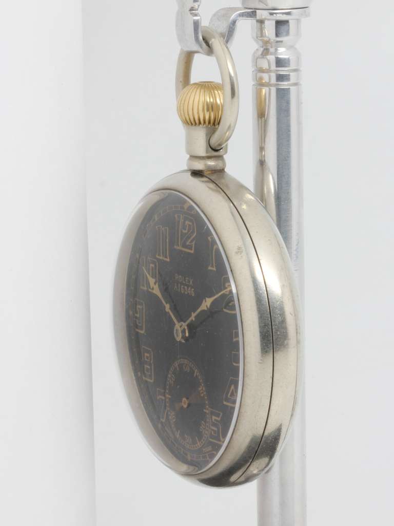 Rolex open face British military 16 size pocket watch, circa 1920s. Black dial with gilt shadow figures and gilt (probably later) hands. Dial and case back stamped with military designation A16346 and back with GS MK II and Broad Arrow stamp.