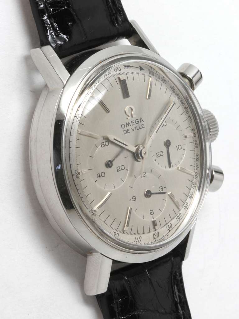 Omega stainless steel Seamaster Deville chronograph wristwatch, circa 1965. Ref 105.005-65, with popular cailbre 321 movement. 35 X 41mm case with screw back marked Seamaster and Waterproof. With round chronograph pushers, and Omega logo crown.