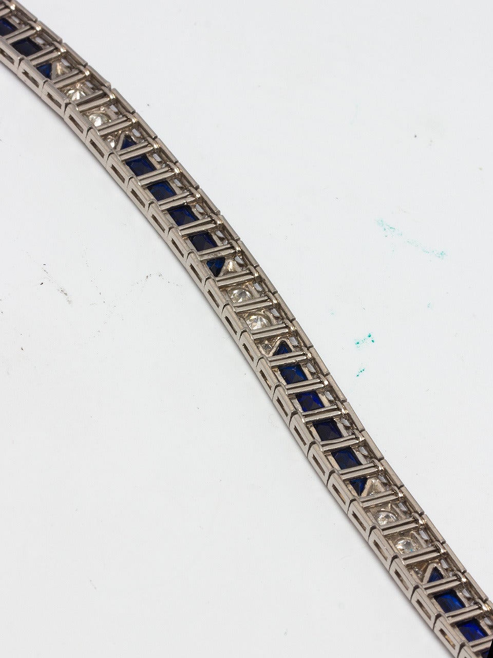 1930s Art Deco Sapphire Diamond Platinum Bracelet In Excellent Condition In West Hollywood, CA