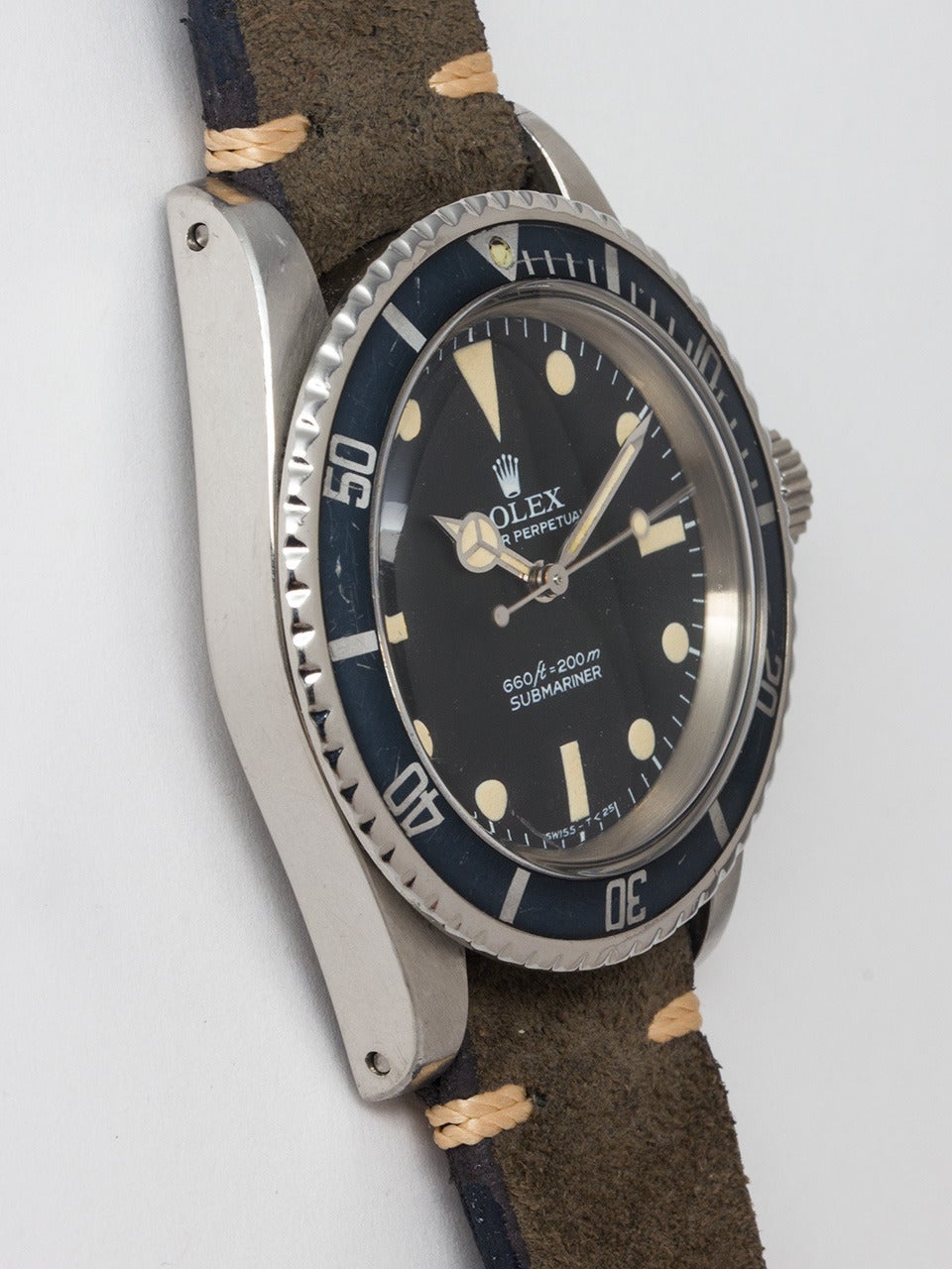 Rolex Stainless Steel Submariner Wristwatch ref 5513 serial# 5.1 million circa 1977. 39.5mm diameter case with very desirable faded original elapsed time bezel. Matte black dial with matching patina'd luminous indexes and hands. Powered by calibre