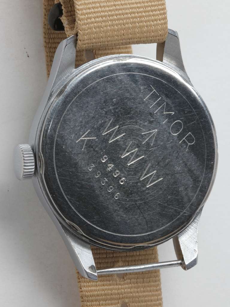 Timor Brushed Metal British Military Broad Arrow Wristwatch circa 1940s 1