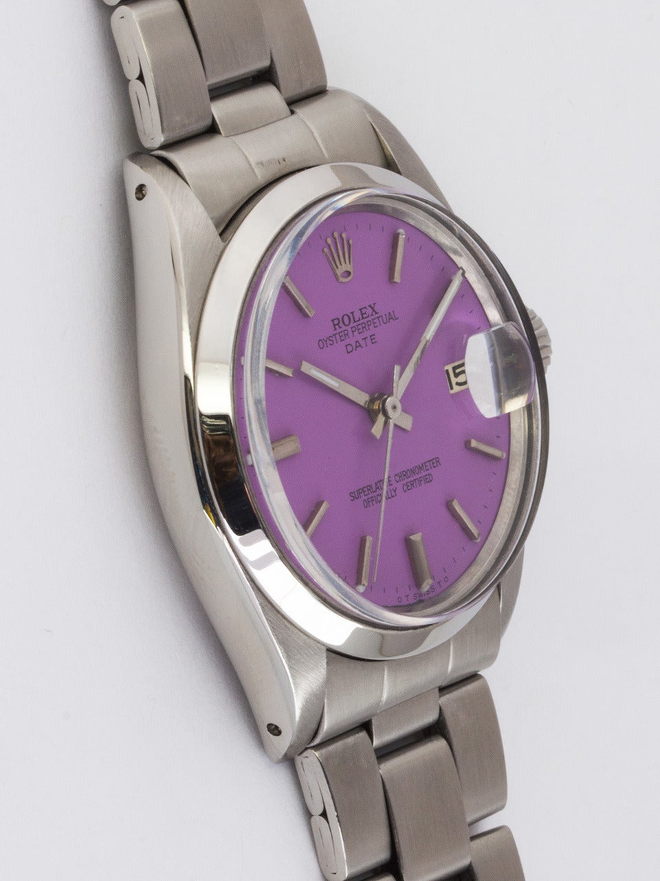 Rolex Stainless Steel Oyster Perpetual Date Wristwatch ref 1500 serial 1.1 million circa 1964. 34mm diameter Oyster case with smooth bezel and acrylic crystal. Beautiful custom colored 