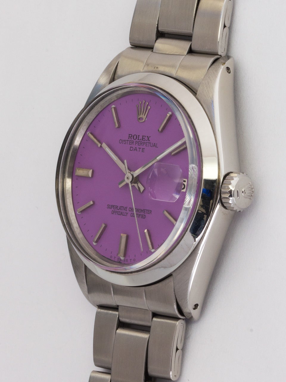 Rolex Stainless Steel Oyster Perpetual Date Custom Dial Wristwatch Ref 1500 In Good Condition In West Hollywood, CA