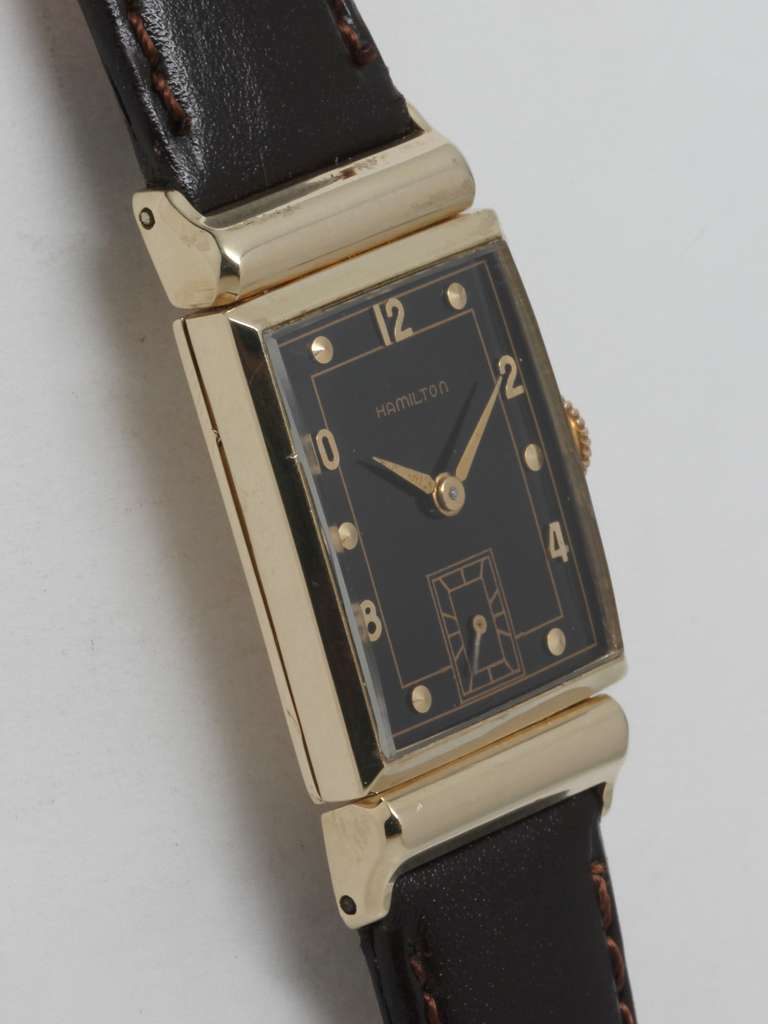 Hamilton Yellow Gold Rectangular Barton Wristwatch circa 1950s In Excellent Condition In West Hollywood, CA