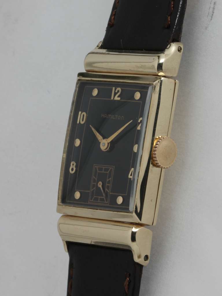 Men's Hamilton Yellow Gold Rectangular Barton Wristwatch circa 1950s