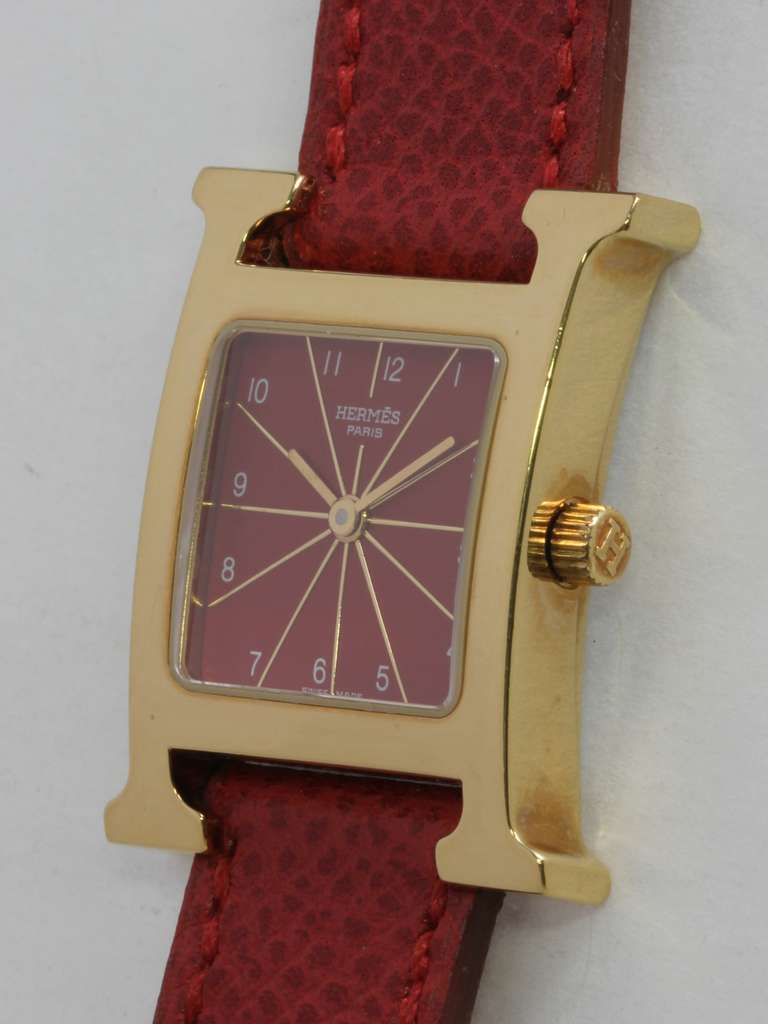 Women's Hermes Lady's Gilt Red H Hour Wristwatch circa 2000s