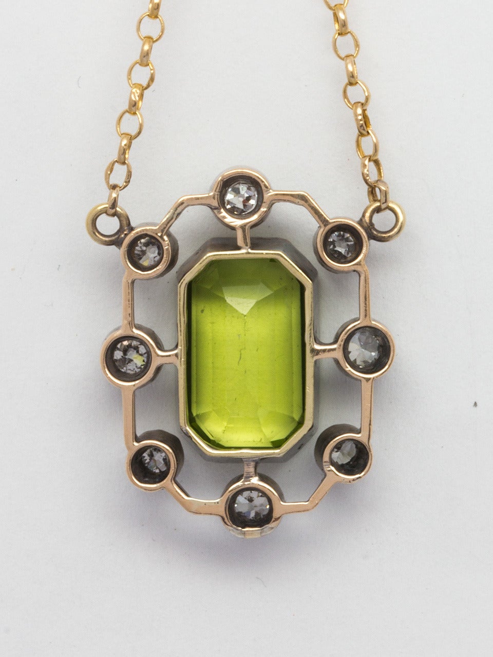 1900s Antique Peridot Diamond Silver Gold Necklace In Good Condition In West Hollywood, CA