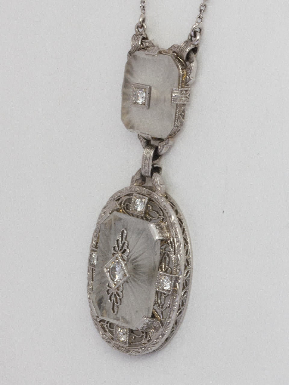 Antique Frosted Crystal Diamond Lavaliere Necklace, circa 1920s In Excellent Condition In West Hollywood, CA