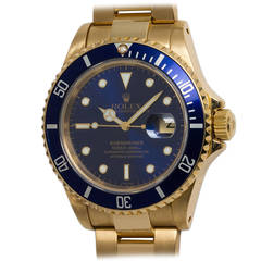 Rolex Yellow Gold Submariner Blue Dial Wristwatch Ref 16618