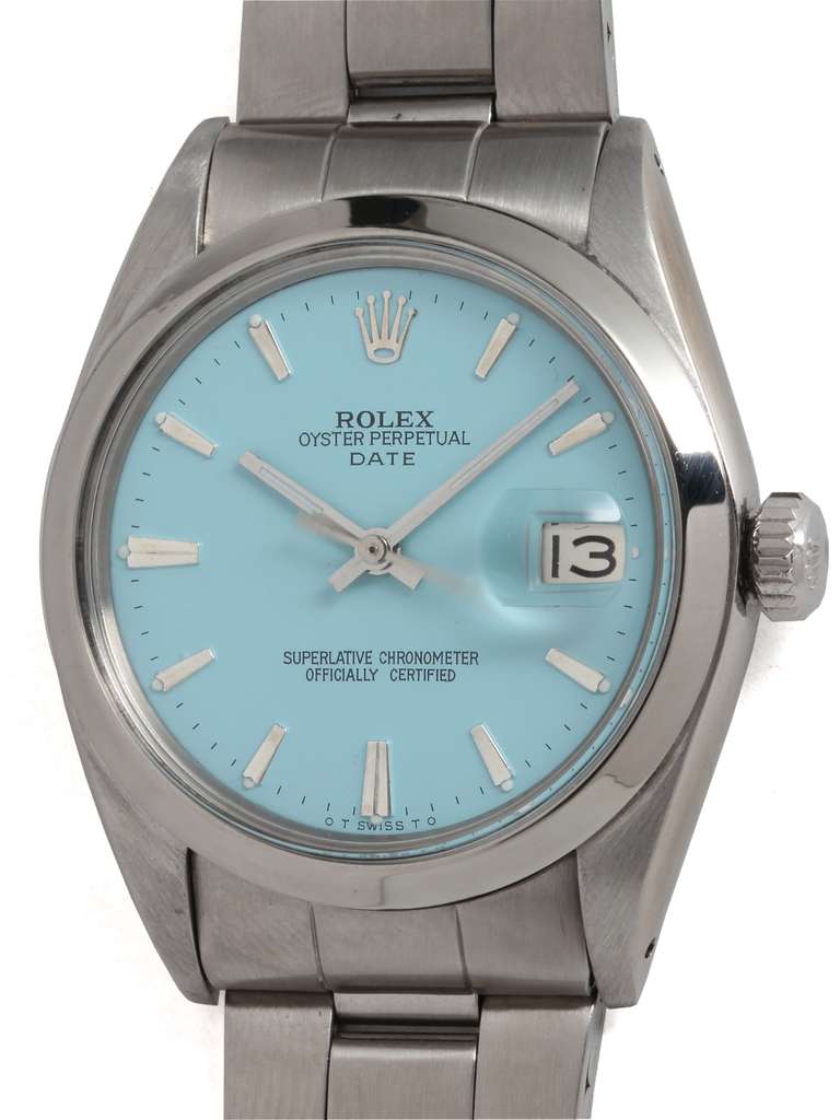Rolex stainless steel Oyster Perpetual Date wristwatch, Ref. 1500, serial number 2.1 million, circa 1973. 34mm case with smooth bezel and acrylic crystal. With beautiful custom colored robin's egg blue dial with applied indexes and baton hands. With