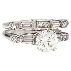 Vintage Diamond Engagement Ring Wedding Set 14K WG 0.93ct I-VS1 circa 1950s