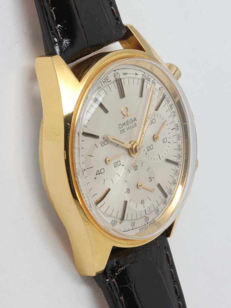 Omega gold shell top with steel back Deville chronograph wristwatch, circa 1960s. 36 X 40mm case with round pushers, signed Omega crown, stainless steel screw back. Mint condition original two-tone silvered dial with applied baton indexes and Omega