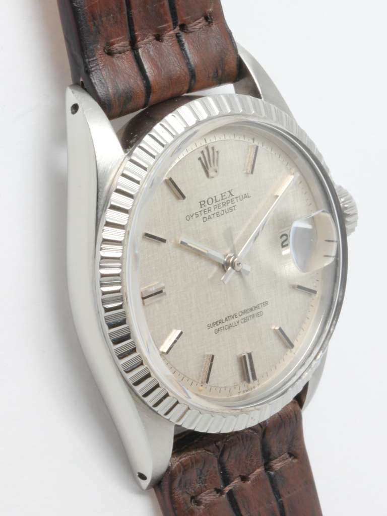 Rolex stainless steel Datejust wristwatch, Ref. 1601, serial number 2.5 million, circa 1970s. 36mm case with fluted bezel and original silvered linen dial with applied baton indexes and baton hands. Powered by calibre 1570 self-winding movement with