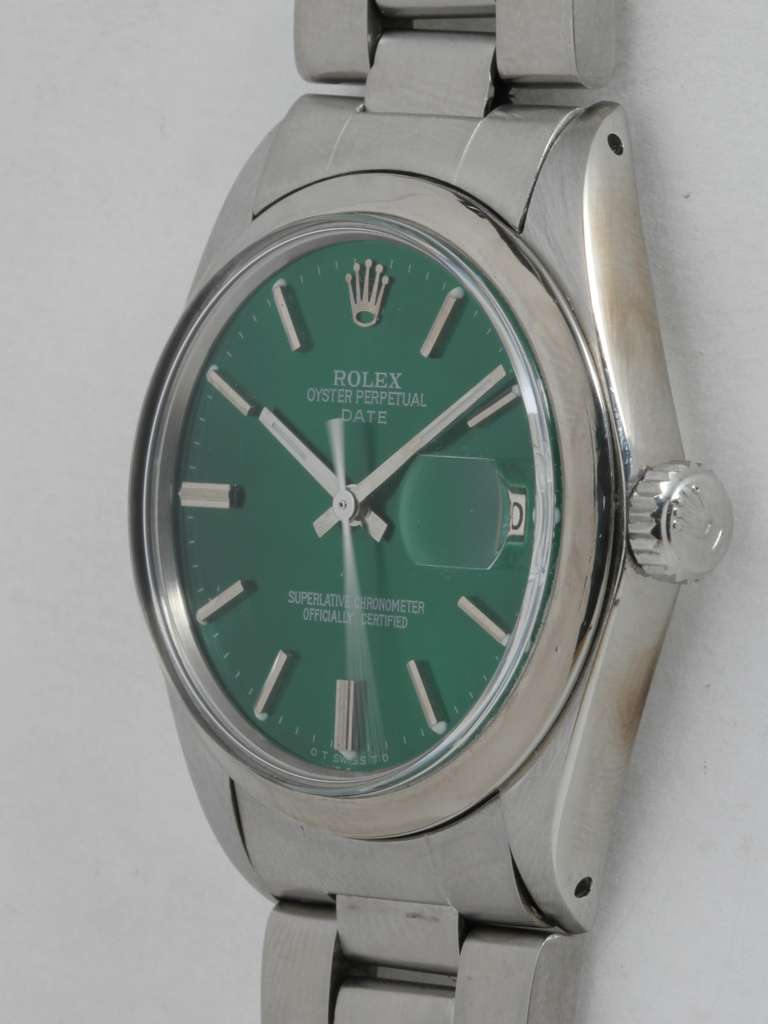 Montre-bracelet Rolex en acier inoxydable avec date, circa 1968, cadran vert personnalisé