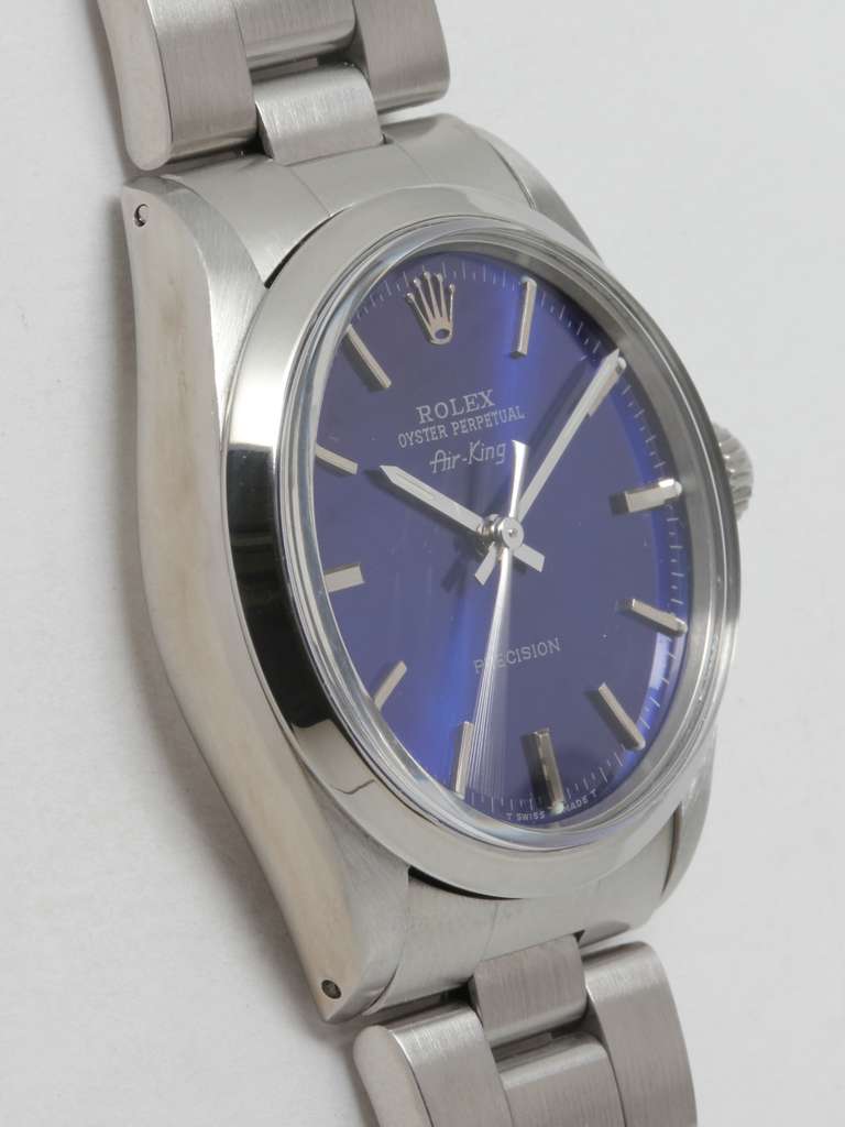 Rolex stainless steel Oyster Perpetual Airking wristwatch, Ref. 5500, serial number L6, circa 1986. 34mm diameter Oyster case with smooth bezel and acrylic crystal. With custom-colored cobalt blue dial with applied indexes and baton hands. Powered