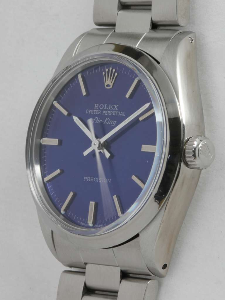 Rolex Stainless Steel Airking Wristwatch circa 1986 with Custom Cobalt Blue Dial In Excellent Condition In West Hollywood, CA