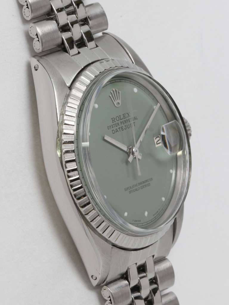 Rolex stainless steel Datejust wristwatch, Ref. 1601, serial number 1.9 million, circa 1971. 36mm full-size man's model with engine-turned bezel and acrylic crystal. With custom-colored sage green pie-pan dial with applied indexes and baton hands.