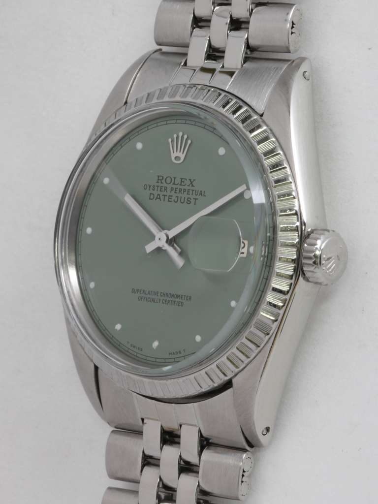 Rolex Stainless Steel Datejust Wristwatch circa 1971 with Custom Sage Green Dial In Excellent Condition In West Hollywood, CA