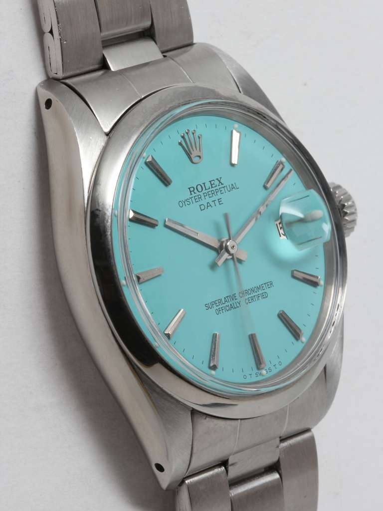 Rolex stainless steel Oyster Perpetual Date wristwatch, Ref. 1500, serial number 2.2 million, circa 1969. 34mm Oyster case with smooth bezel and acrylic crystal. With custom-colored Tiffany & Co. blue dial with applied indexes and baton hands.