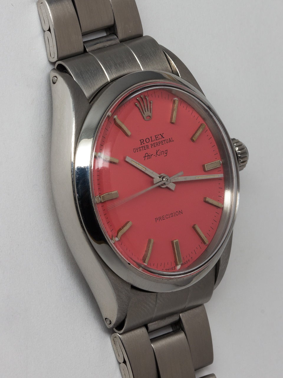 Rolex Stainless Steel Oyster Perpetual Airking Wristwatch ref 1002 serial number 2.1 million circa 1969. 34mm diameter case with smooth bezel and acrylic crystal. With beautiful custom colored Watermelon dial with applied silver indexes and silver
