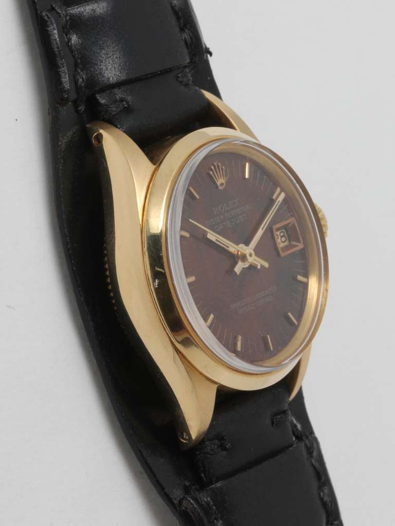 Rolex Lady's Yellow Gold Datejust Wristwatch with Burl Wood Dial circa 1969