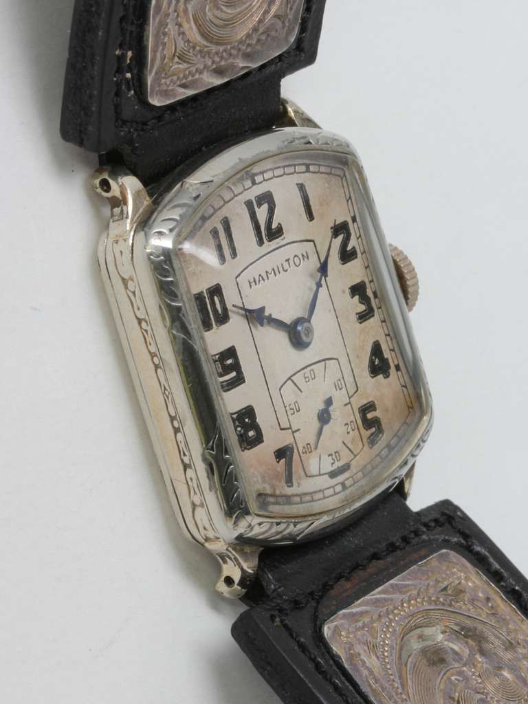 Hamilton White Gold-Filled Cushion Wristwatch with Engraved Case circa 1930s