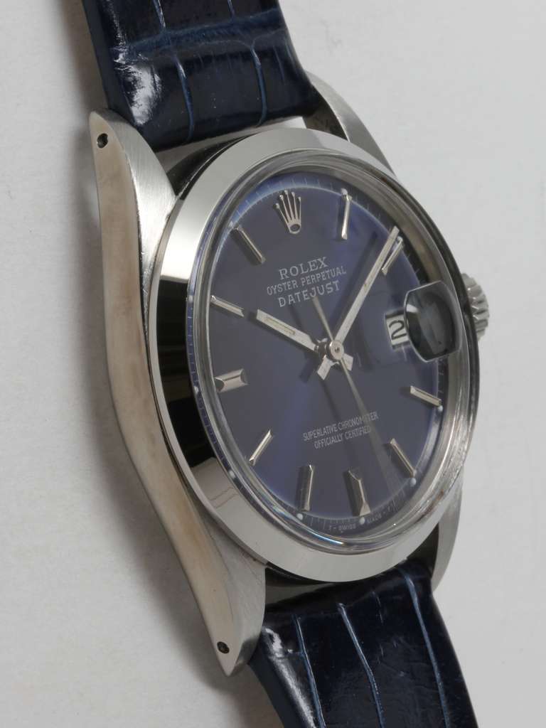 Rolex Stainless Steel Datejust Wristwatch circa 1972 with Custom Blue Dial