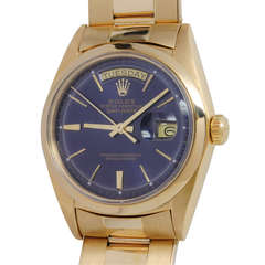 Vintage Rolex Yellow Gold Day-Date President Wristwatch circa 1971 with Custom Blue Dial