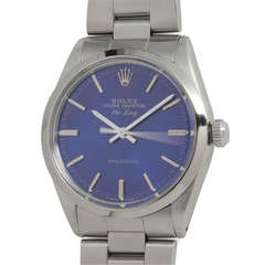 Vintage Rolex Stainless Steel Airking Wristwatch circa 1986 with Custom Cobalt Blue Dial