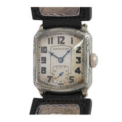 Hamilton White Gold-Filled Cushion Wristwatch with Engraved Case circa 1930s
