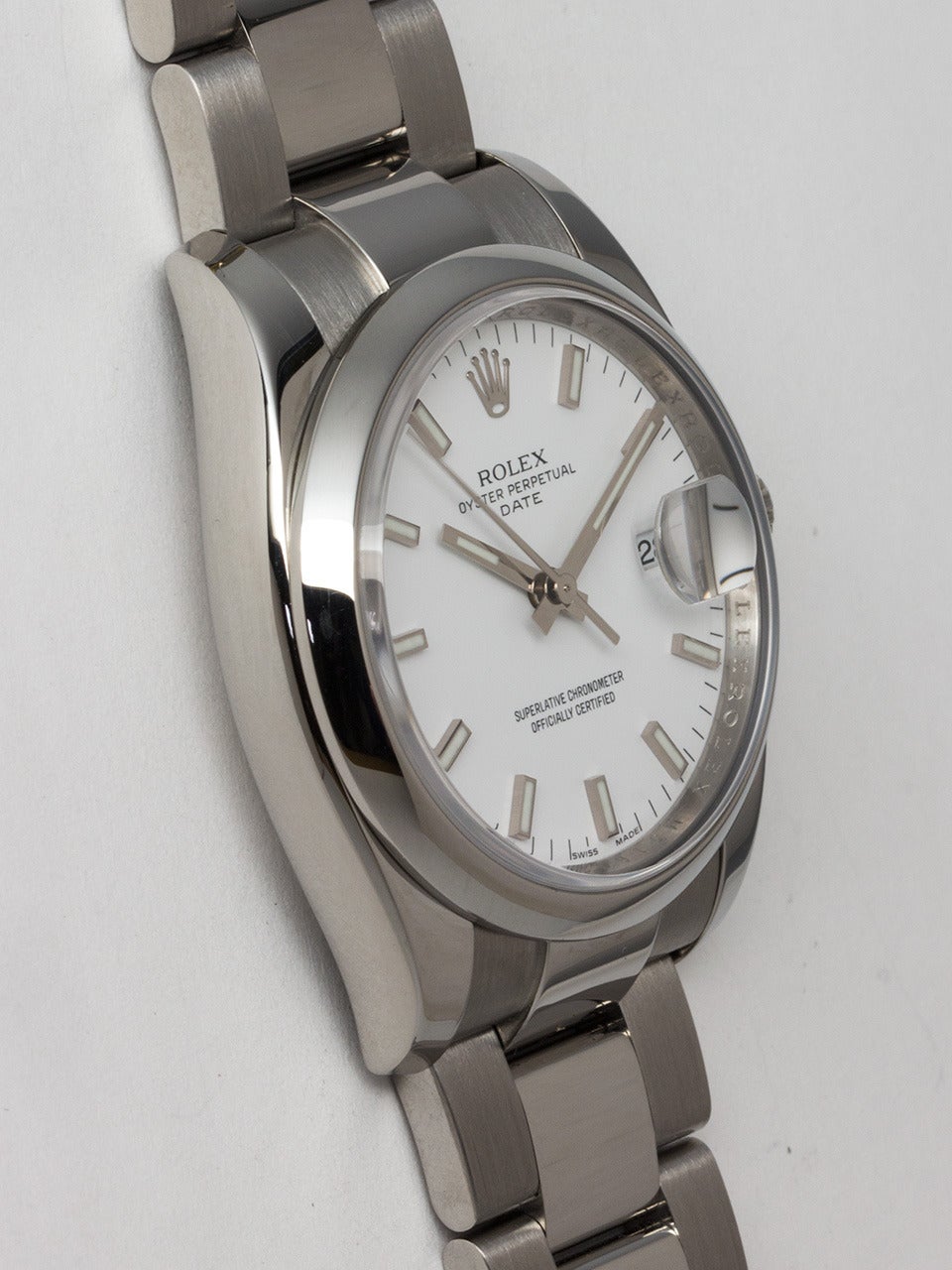 Rolex Stainless Steel Oyster Perpetual Date Wristwatch ref 115200 serial # M3 circa 2007. 34.5 mm diameter robust style case with smooth bezel and sapphire crystal. White enamel dial with wide luminous indexes and hands. Powered by caliber 3135 self