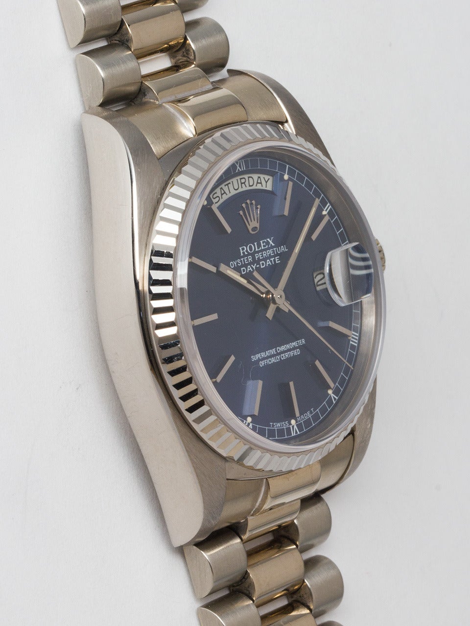 Rolex 18K White Gold Day-Date President ref 1803, serial #7.3 million circa 1982. 36mm diameter case with fluted bezel and sapphire crystal. Very pleasing original sapphire blue dial with applied silver indexes and hands. Powered by caliber 3055