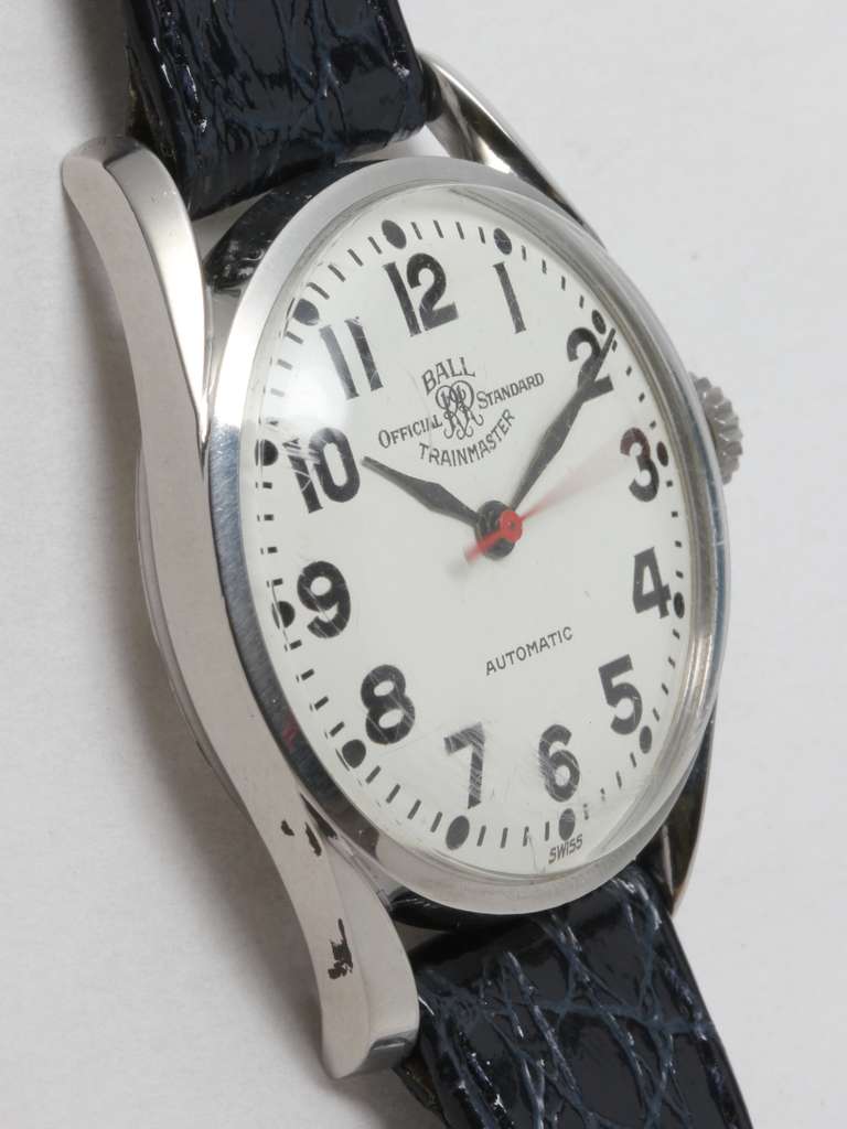 Ball stainless steel automatic wristwatch, circa 1950s. 35 X 43mm case with screw back, self-winding movement. Beautiful condition original white dial with large black Arabic numerals and spade hands. Red sweep seconds hand. Screw back. Great