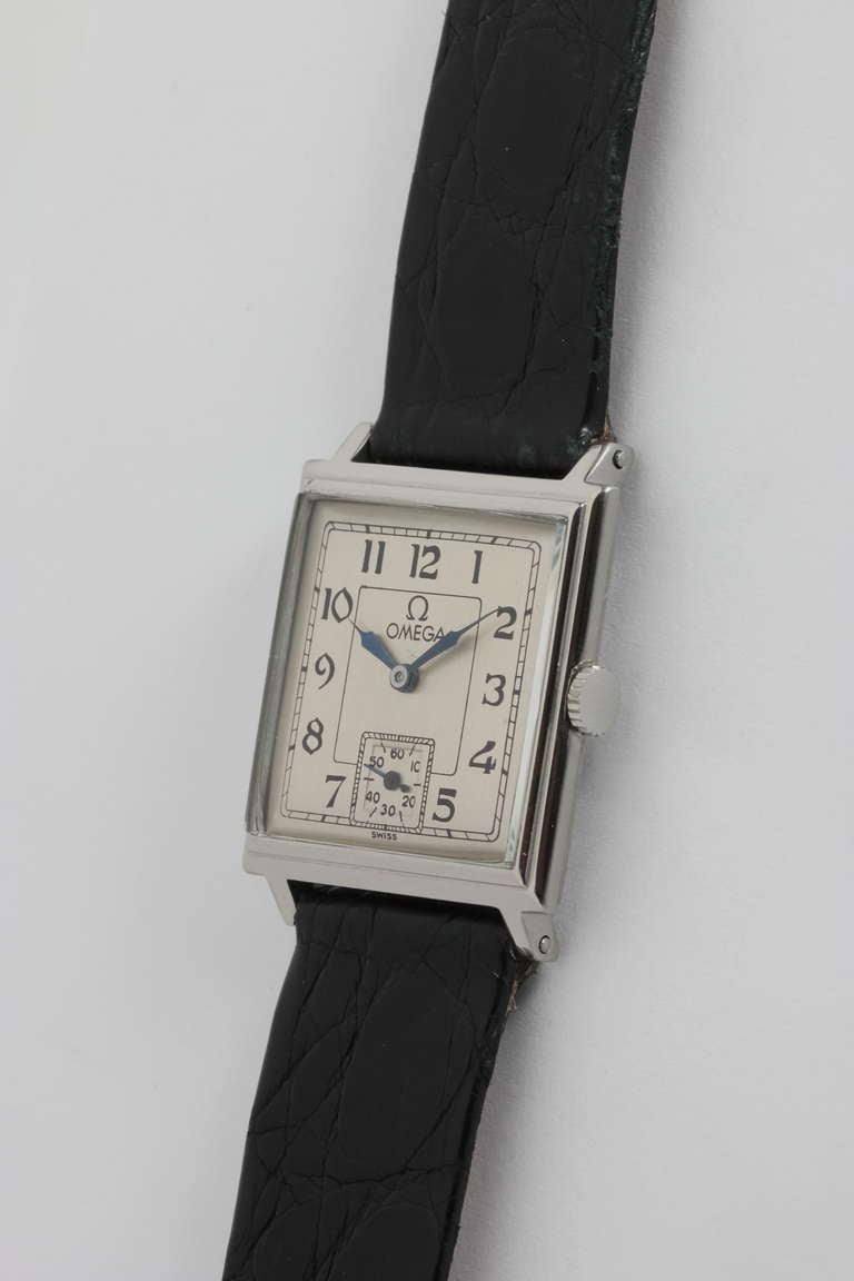 Omega Stainless Steel Square Wristwatch circa 1940s In Excellent Condition In West Hollywood, CA