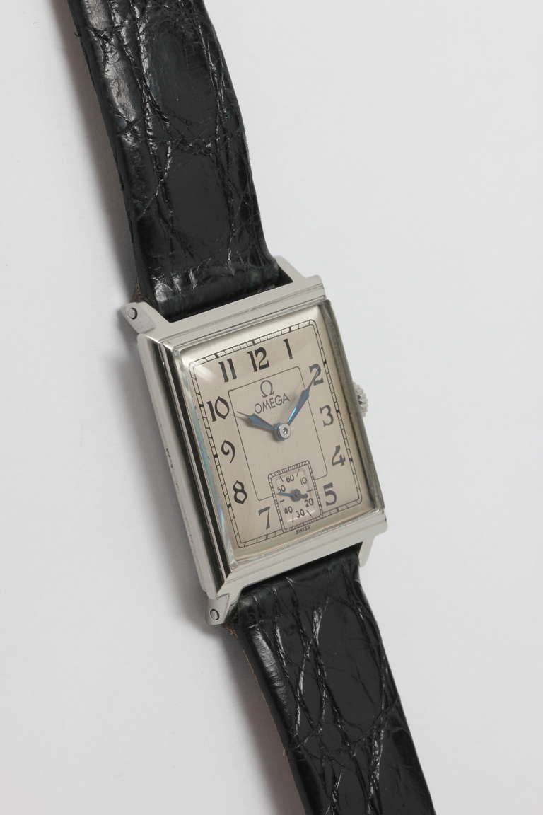 Women's or Men's Omega Stainless Steel Square Wristwatch circa 1940s