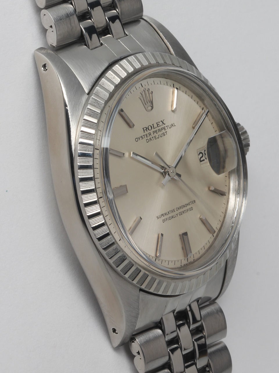 Rolex Stainless Steel Datejust Wristwatch ref 1601 serial #2.1 million circa 1969. 36mm diameter case with engine turned bezel and acrylic crystal. Original silvered satin pie pan dial with applied silver indexes and hands. Powered by self winding