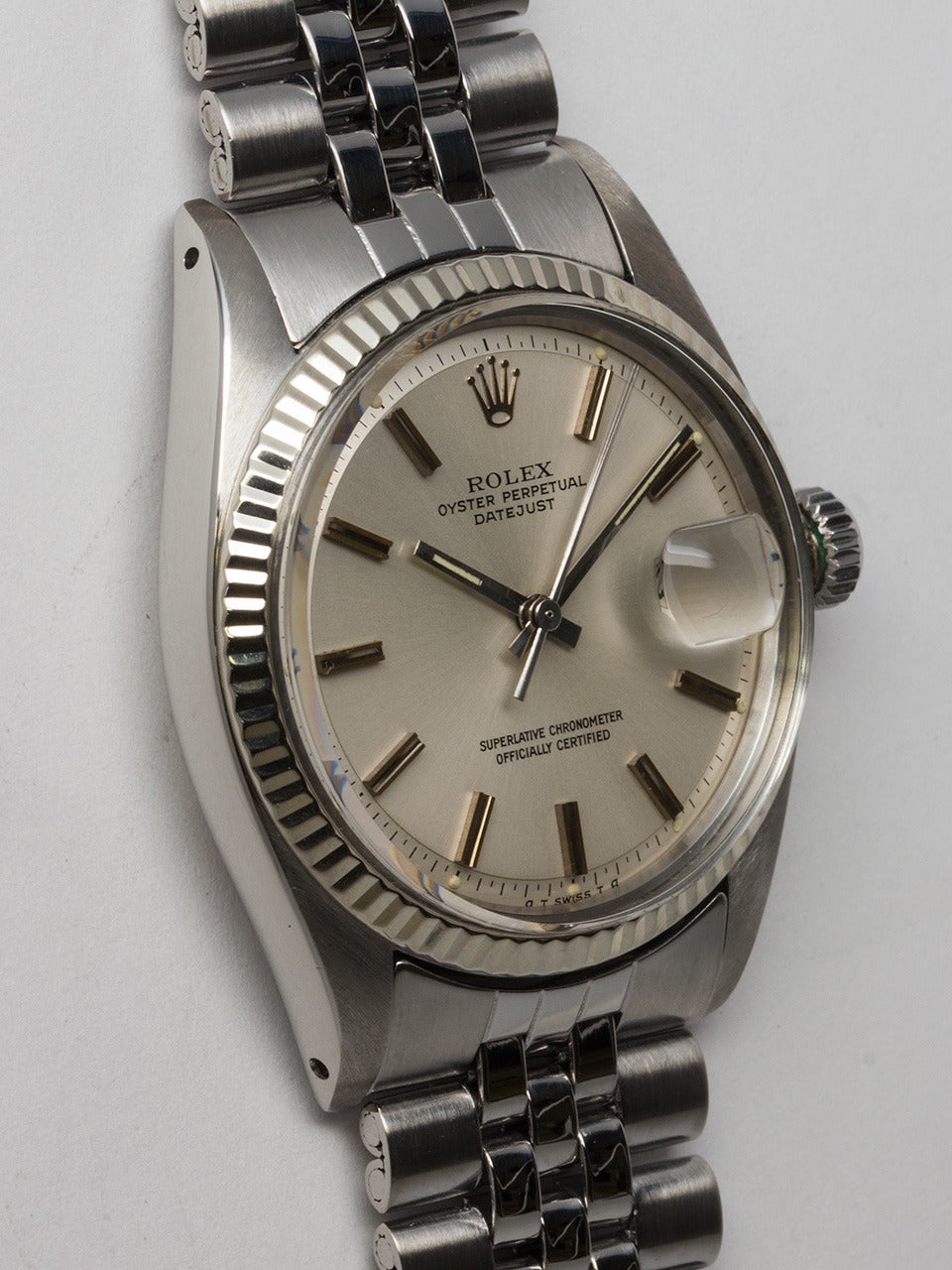 Rolex Stainless Steel Datejust Wristwatch ref 1601 serial# 2.3 million circa 1972. 36mm diameter case with fluted bezel and acrylic crystal. Original silvered satin dial with distinctive silver applied markers and hands. Powered by caliber 1570 self