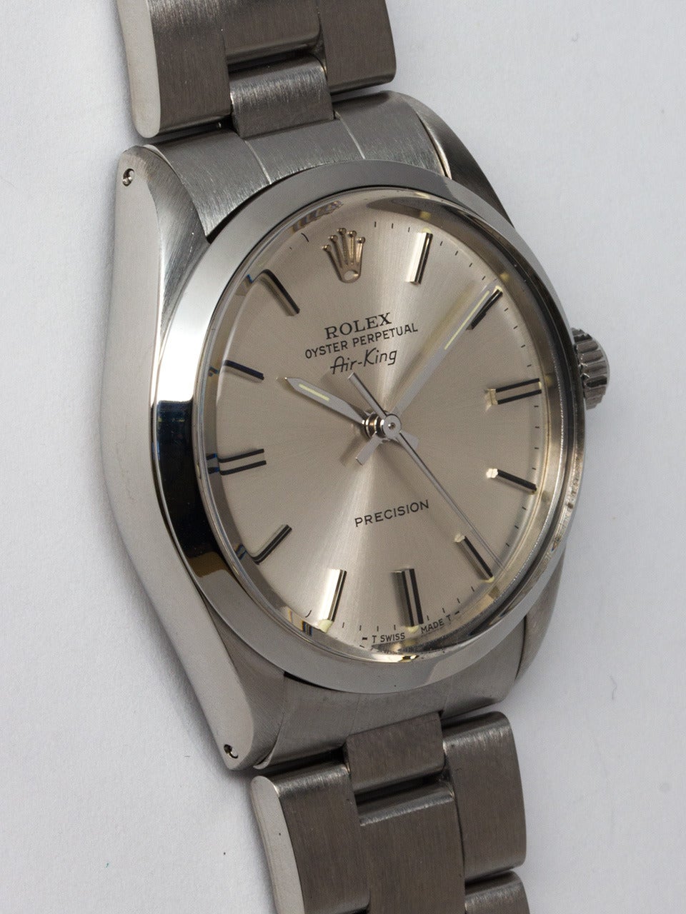 Rolex Stainless Steel Oyster Perpetual Airking Wristwatch ref 5500 serial # L4 circa 1988. 34mm diameter case with smooth bezel and acrylic crystal. Beautiful condition original silvered satin dial with applied silver indexes and silver satin hands.