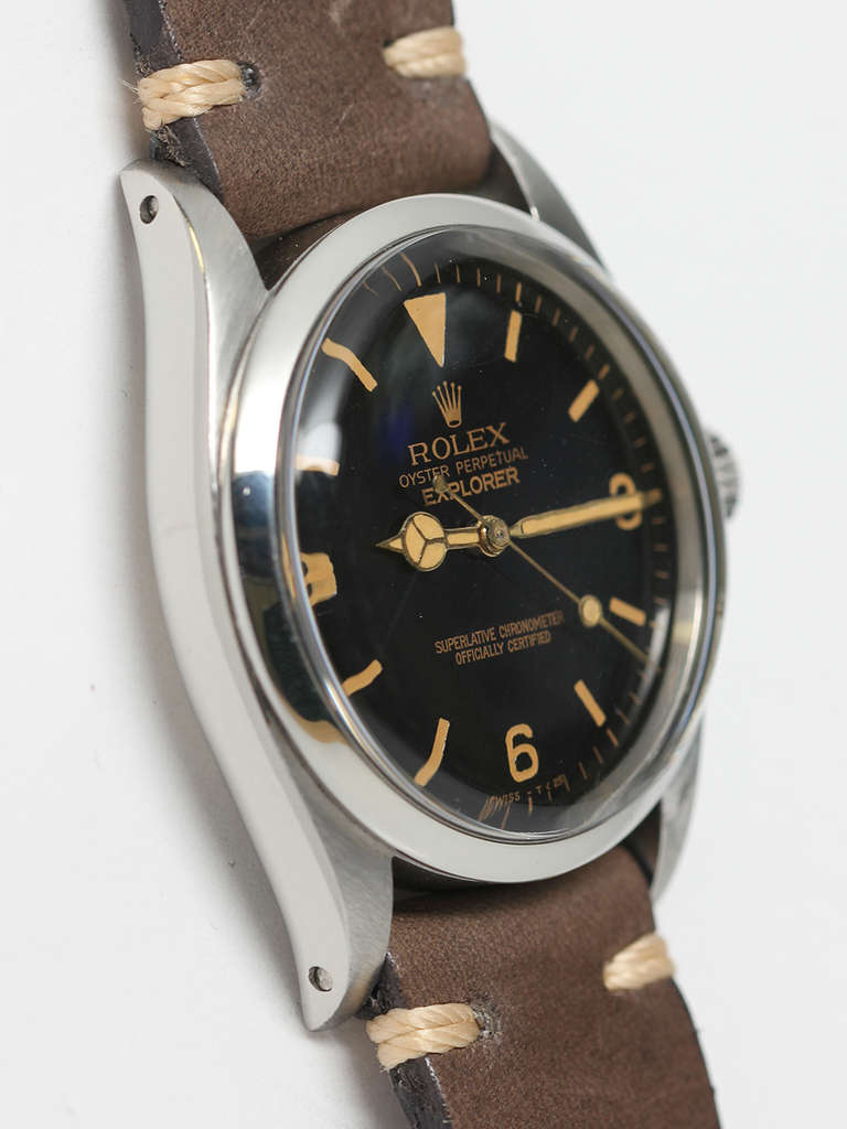 Rolex stainless steel Explorer wristwatch, Ref. 6610, serial number 268,XXX, circa 1957. 36mm case with smooth bezel and acrylic crystal. Beautifully restored glossy black dial with gilt printing and antique luminous indexes and hands. Self-winding