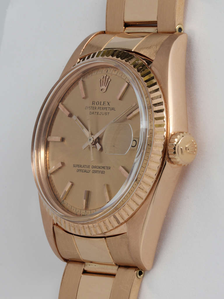 Rolex Rose Gold Datejust Wristwatch Ref 1601 circa 1974 In Excellent Condition In West Hollywood, CA