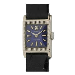 Retro Rolex Lady's White Gold Square Wristwatch with Custom-Colored Dial circa 1950s