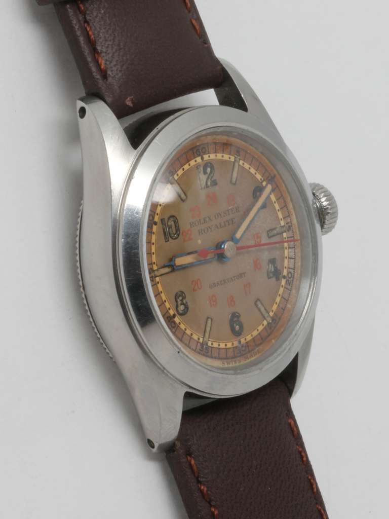 Rolex stainless steel Oyster Royalite Observatory wristwatch, serial number 227,XXX, circa 1942/43. 31mm boy's-size model. Scarce WWII-era model with exceptional condition original dial and unusually pristine case. Rare original 24 hour dial with