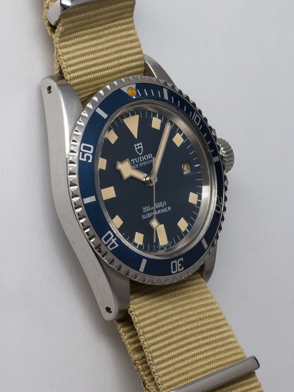 Tudor Stainless Steel Prince Oysterdate Submariner Wristwatch ref 7021/0 serial # 739,xxx circa 1970's. This is a so called Snowflake model. 40mm diameter case with bidirectional rotating bezel, with evenly faded navy blue elapsed time bezel insert