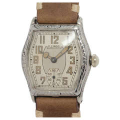 Vintage Illinois White Gold-Filled Mate Wristwatch with Engraved Bezel circa 1930s