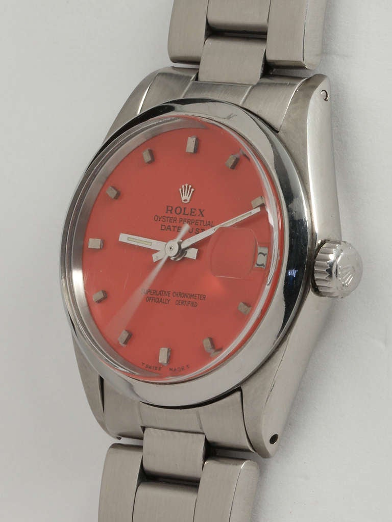 Rolex Stainless Steel Datejust Wristwatch with Custom Coral-Color Dial Ref 6824 In Good Condition In West Hollywood, CA