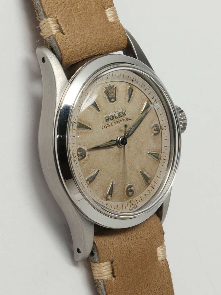 Rolex stainless steel Oyster Perpetual wristwatch, Ref. 6332, serial number 982,XXX, circa 1954. 34mm flat-walled case. With original nicely patinaed two-piece dial with applied tear-drop indexes and luminous dots, luminous alpha  hands. Powered by