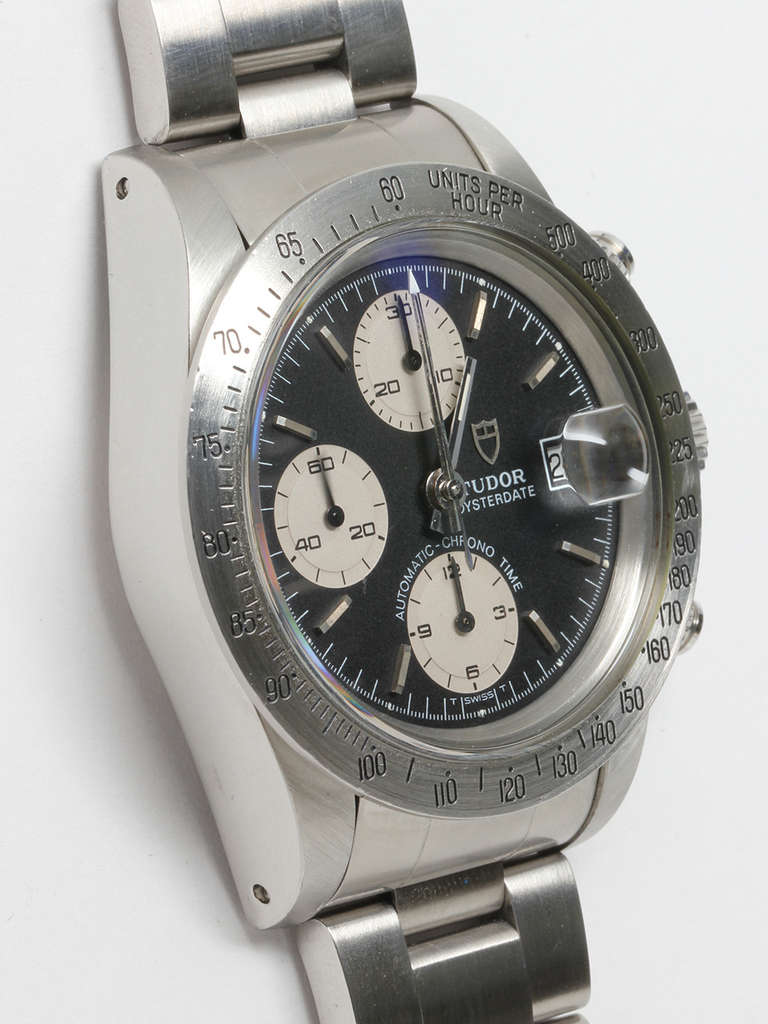 Tudor stainless steel Oysterdate Chrono Time wristwatch, Ref. 79180, serial number B3, circa 1990. Thick, flat walled case model with acrylic crystal. Original matte black dial with white registers. Unpolished tachometer bezel, unpolished case and